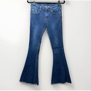 Galmint Denim Jeans Womens 4 Flare Leg Fringe Raw Hem Low Rise Dark‎ Wash